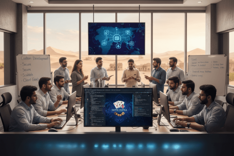 A professional office setting in Bikaner showing a team of developers at Digital Vyapar Seva working on custom software and Satta Matka game development, featuring a desert landscape view through the window.