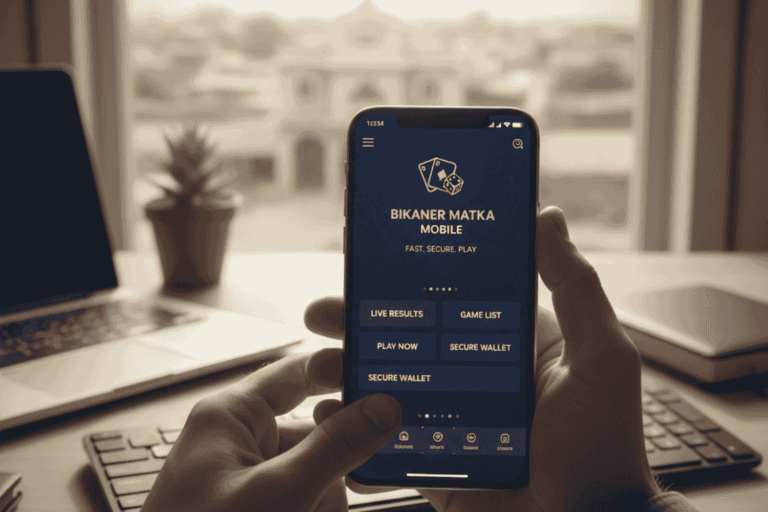 A high-quality realistic office scene in Bikaner showing software developers creating a secure and user-friendly mobile Matka application, with modern coding environments and a view of the desert landscape.