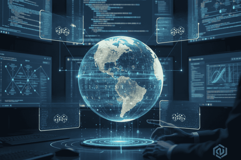 A professional team at Digital Vyapar Seva in Bikaner working on integrating popular market APIs and real-time data feeds into a custom Matka game platform, shown in a modern office with a desert view.