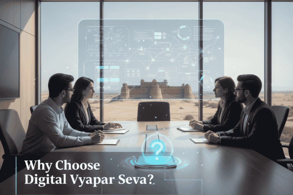 A collaborative and professional team meeting at the Digital Vyapar Seva office in Bikaner, showcasing expertise in software and game development with a modern workspace and desert-view backdrop.