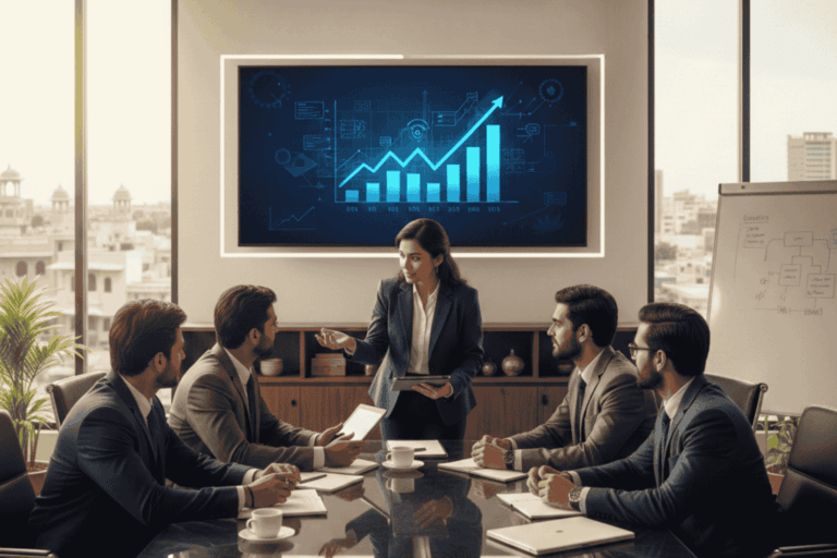 A professional business meeting at Digital Vyapar Seva in Sikar, showing a female lead presenting growth charts to a team of developers in a modern corporate office setting.