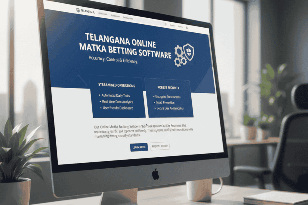 A high-quality 3D render of a desktop computer showing a professional website for Telangana Matka Betting Software. The screen features a clean blue and white UI, highlighting core services like automated operations, real-time analytics, and robust security features on a modern office desk.