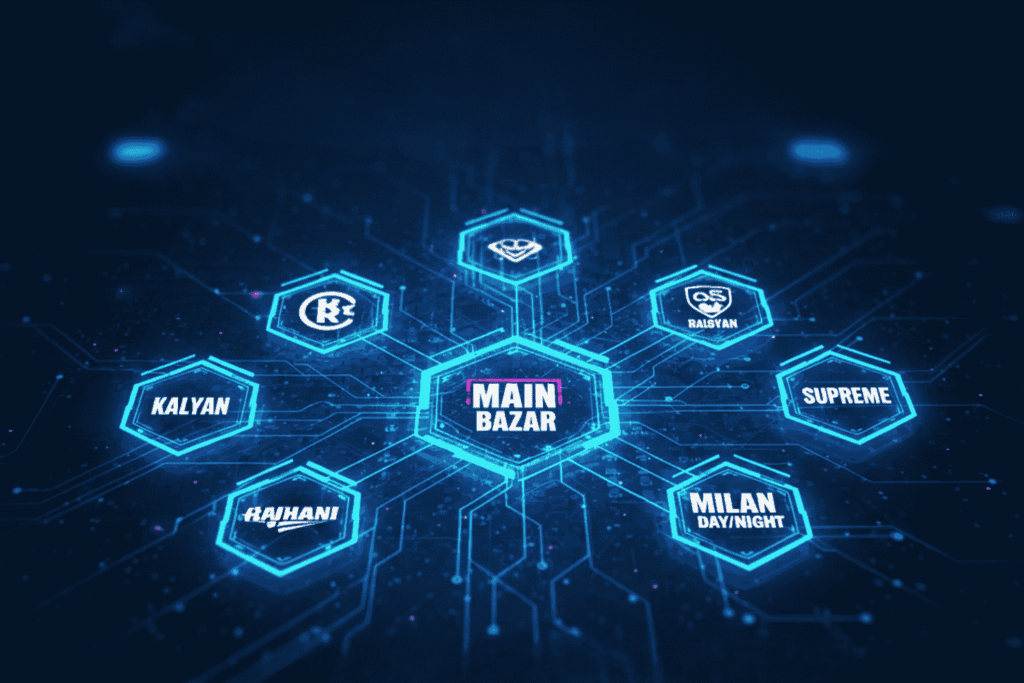 A high-tech digital infographic displaying the integration of popular Satta Matka markets like Kalyan, Main Bazar, Milan Day/Night, and Supreme. The design features a central hub connected to various market nodes via glowing blue circuit board lines, symbolizing a seamless and modern gaming platform.