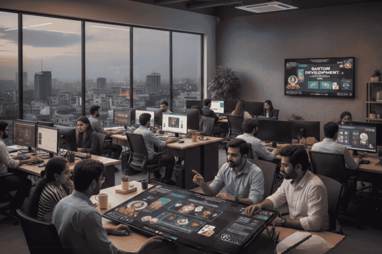 Professional software developers at Digital Vyapar Seva office in Warangal working on custom Satta Matka game development using high-end technology, featuring the company logo and a 'no generic scripts' guarantee