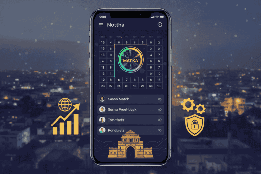 A professional promotional banner for Mobile Matka App Development in Warangal, featuring a high-quality smartphone displaying a modern gaming interface. The background shows a twilight cityscape of Warangal with icons representing global reach, security, and performance. Text at the bottom reads: "Mobile Matka App Warangal - Usability, Performance, Security."