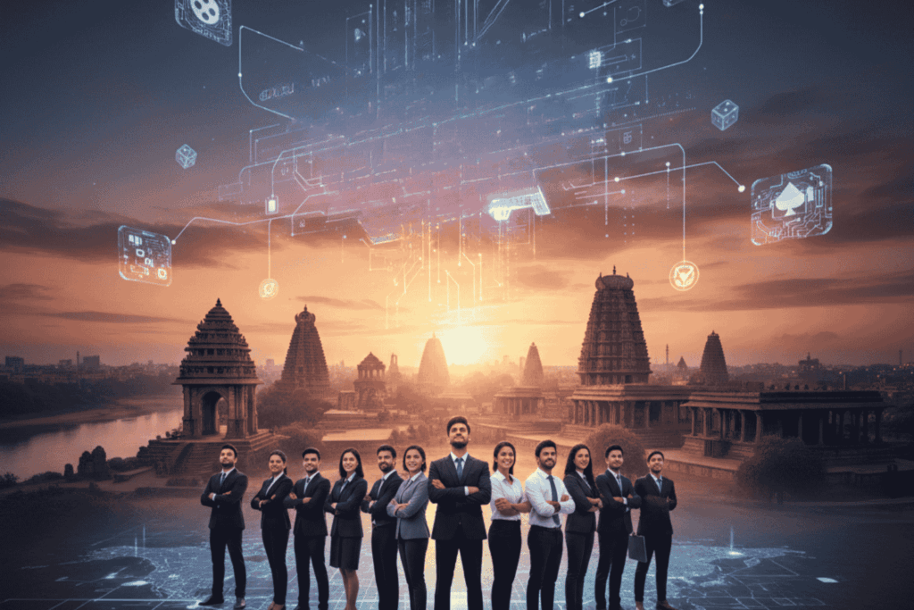 Professional software development team of Digital Vyapar Seva in Warangal, featuring a futuristic digital interface with game design icons and local heritage architecture.