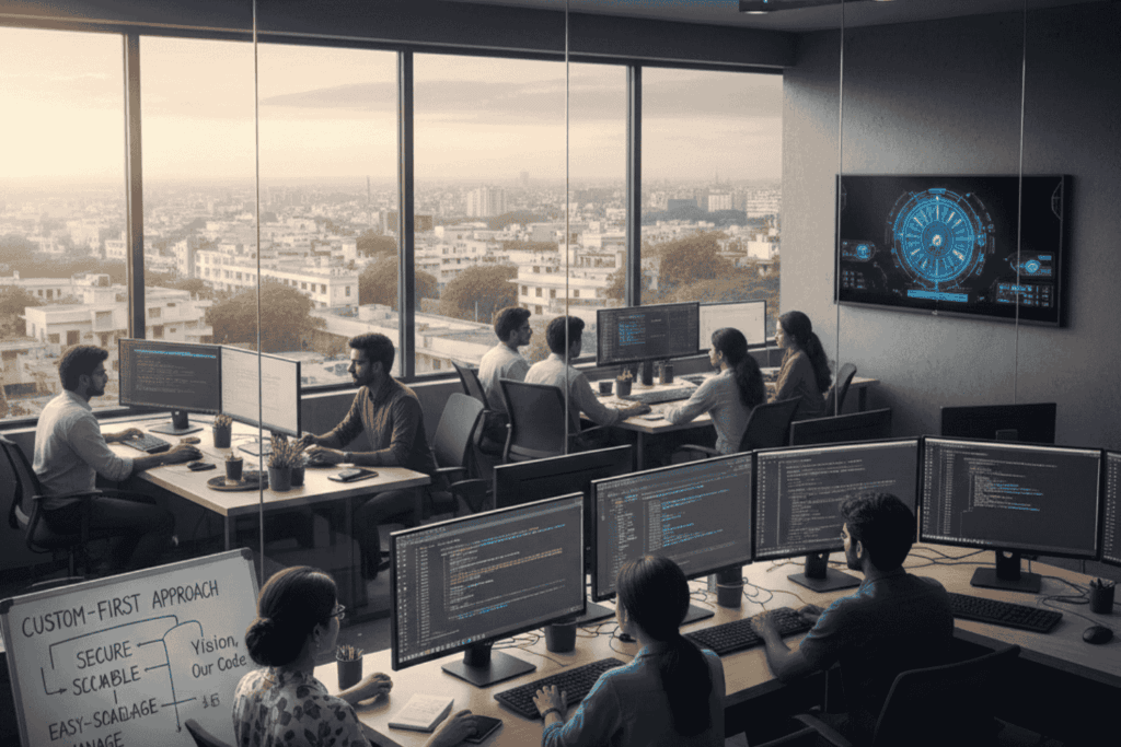 Digital Vyapar Seva professional office setting in Nizamabad featuring a team of developers working on custom software and Satta Matka game development projects.