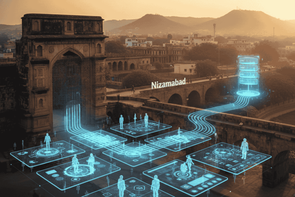 Futuristic digital game development interface overlaying the historic cityscape of Nizamabad, representing Digital Vyapar Seva technology services.