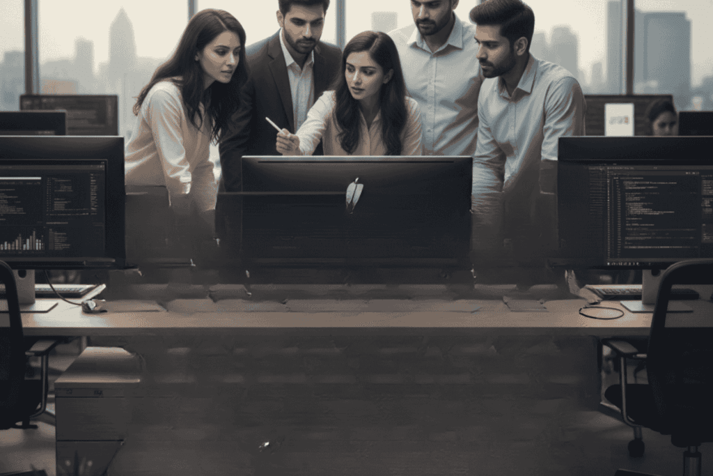 A professional team of developers working in a modern office, featuring a computer screen displaying "Digital Vyapar Seva: Satta Matka Game Development Company in Khammam" with a list of services including custom solutions, security, and post-launch support.