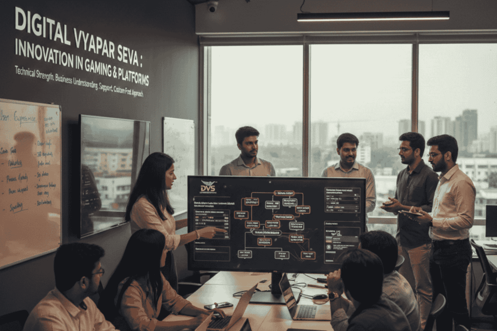 A professional software development team at Digital Vyapar Seva collaborating on a custom gaming platform architecture in a modern office.