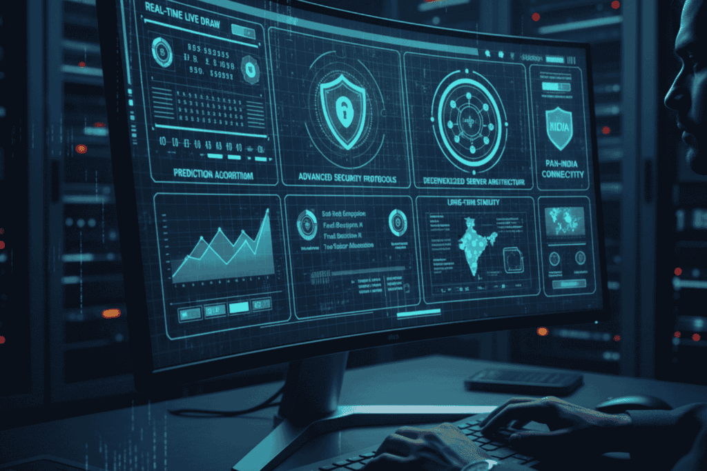 A high-tech digital interface displaying advanced security features and stability analytics for a Satta Matka gaming platform by Digital Vyapar Seva.