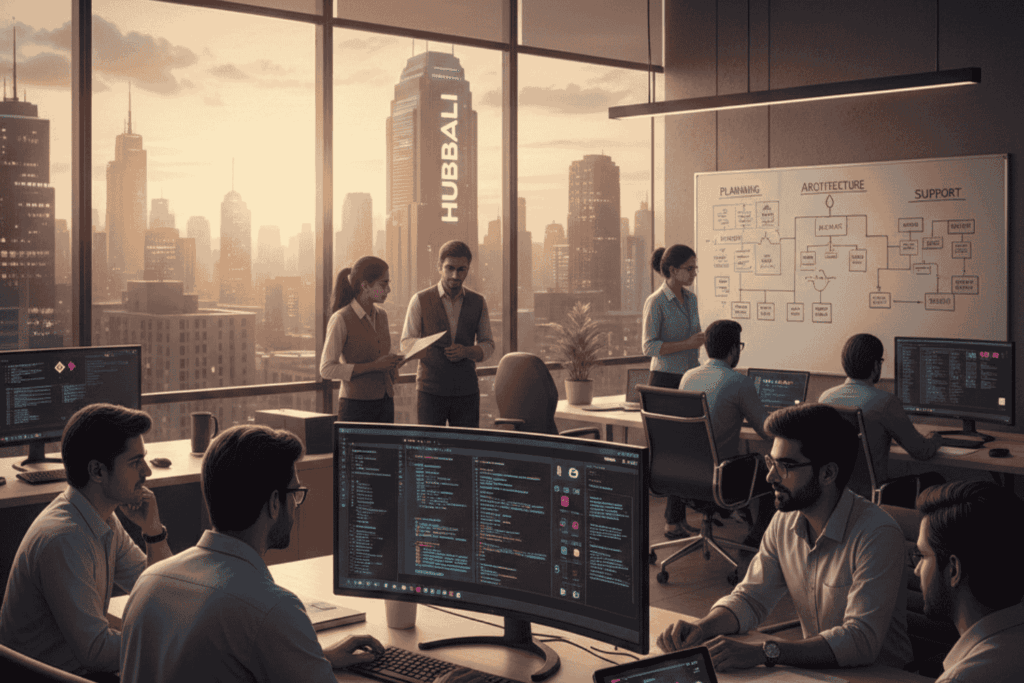 A team of professional software developers working on custom secure architecture and game design in a modern office overlooking the Hubballi cityscape.