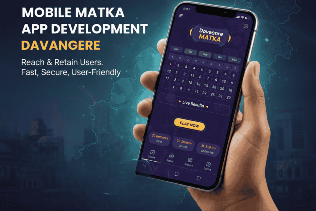 Professional Mobile Matka App Development services in Davangere, showcasing a secure and user-friendly mobile interface on a smartphone with a city background.