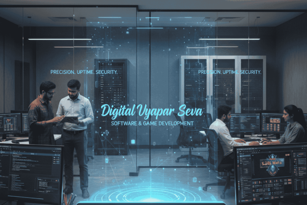 Digital Vyapar Seva office in Shivamogga featuring professional software developers working on custom game development and secure digital platforms.