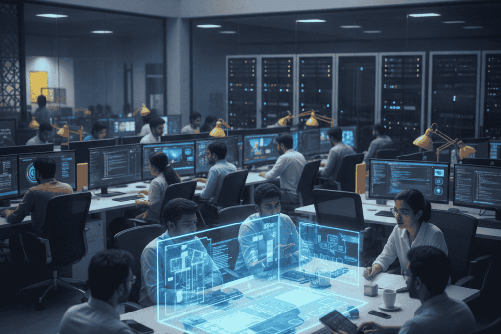 A high-tech professional office in India where a team of developers at Digital Vyapar Seva works on custom software and gaming platforms with server racks and holographic interfaces in the background.