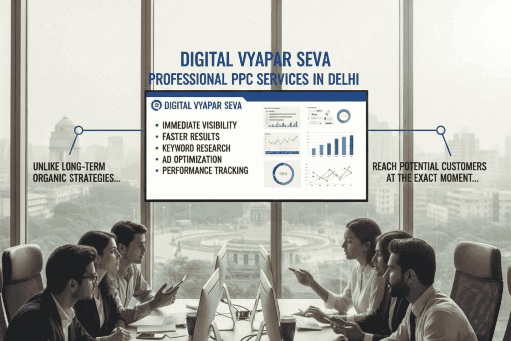 A professional digital marketing team in a Delhi office analyzing PPC campaign performance charts and data for immediate business growth.