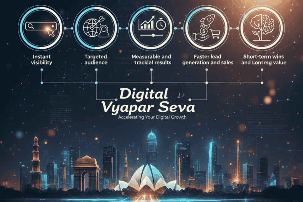 Digital Vyapar Seva infographic showing PPC benefits in Delhi, including instant visibility, targeted audience reach, and lead generation against a Delhi skyline background.