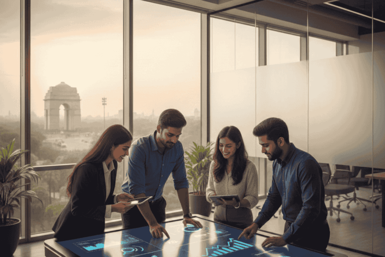 A professional digital marketing team in a Delhi office analyzing growth charts and ROI metrics on a digital touch table with the India Gate visible in the background.