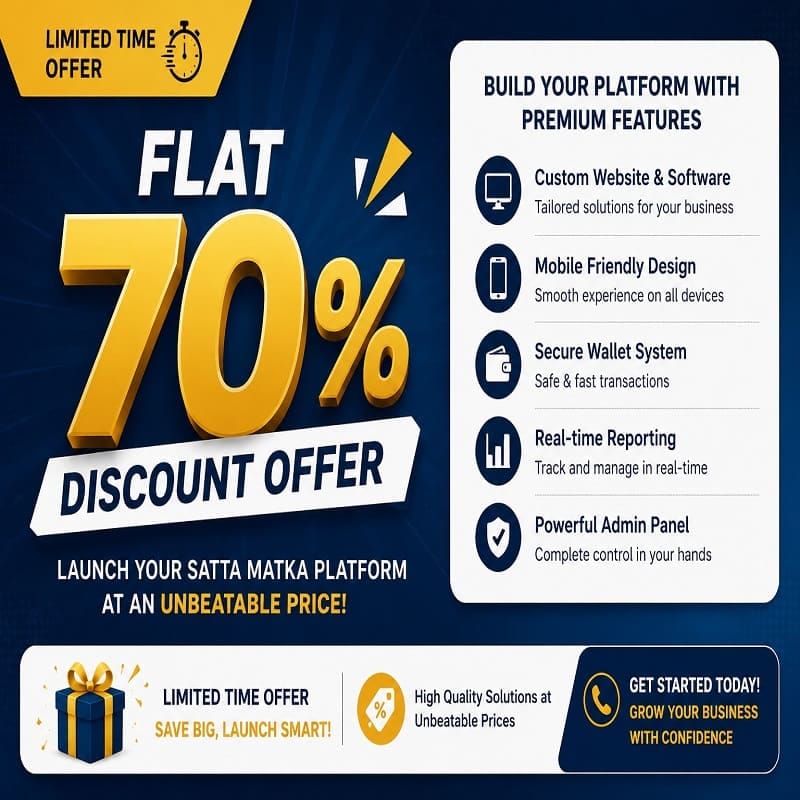 Flat 70 percent discount offer banner for Satta Matka website development services with mobile-friendly platform, secure wallet system, real-time reporting, and admin panel features by Digital Vyapar Seva
