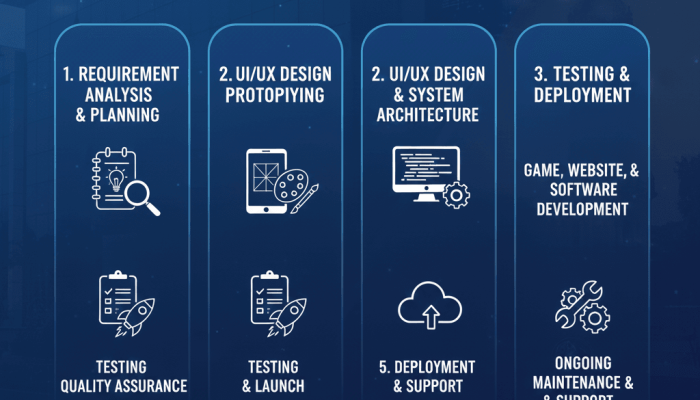 Requirement analysis and planning UI/UX design and technical architecture Game platform and mobile app development Testing and quality assurance Deployment and launch Ongoing maintenance and support