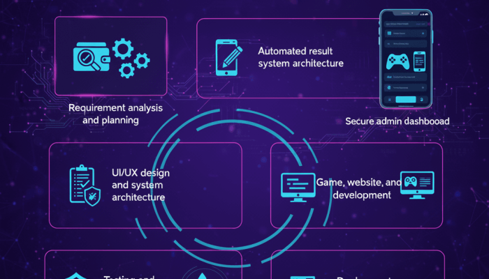 Requirement analysis and planning UI/UX design and technical architecture Game platform and mobile app development Testing and quality assurance Deployment and launch Ongoing maintenance and support
