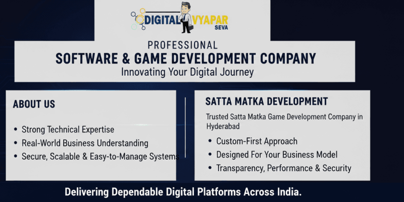 Digital Vyapar Seva is a professional software and game development company specializing in building robust digital platforms across India. We focus on result-based and gaming systems where accuracy, stability, and security are paramount for business success. As experienced developers in the Satta Matka Game Development sector in Kalaburagi, we adhere to a fully custom development approach. We never rely on ready-made scripts or generic frameworks.