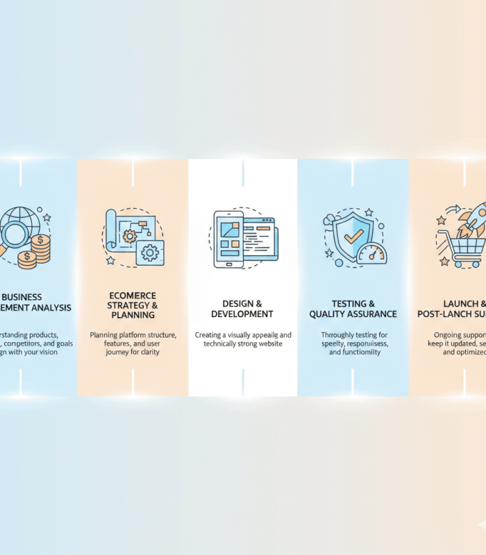 Business Analysis We understand your business, products, and goals. Strategy & Planning We plan features, structure, and user flow. Design & Development We build a fast, attractive, and scalable store. Testing & QA We test for speed, security, and smooth performance. Launch & Support We launch and provide ongoing support for growth.