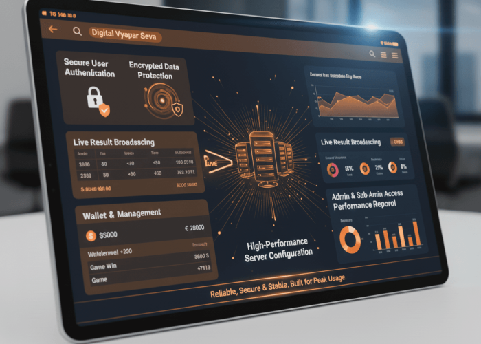 🔒 Platform Features for Stability & Security Every platform developed by Digital Vyapar Seva includes essential and advanced features designed for stability and security. Platform Features Include: Secure user authentication Encrypted data protection Live result broadcasting Wallet and transaction tracking Admin and sub-admin access control High-performance server configuration