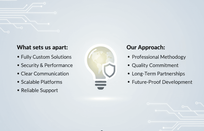 Fully custom development solutions Strong focus on security and performance Clear communication throughout the project Scalable systems designed for future growth Reliable post-launch support and maintenance