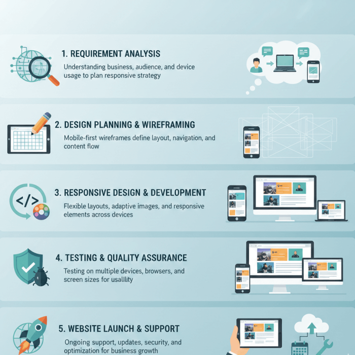 Requirement Analysis: Understand business needs, audience, and device usage. Design Planning & Wireframing: Create mobile-first wireframes for layout and flow. Responsive Design & Development: Build flexible layouts that adapt across devices. Testing & Quality Assurance: Test performance and usability across all screens/browsers. Website Launch & Support: Deploy, and provide ongoing maintenance and security.