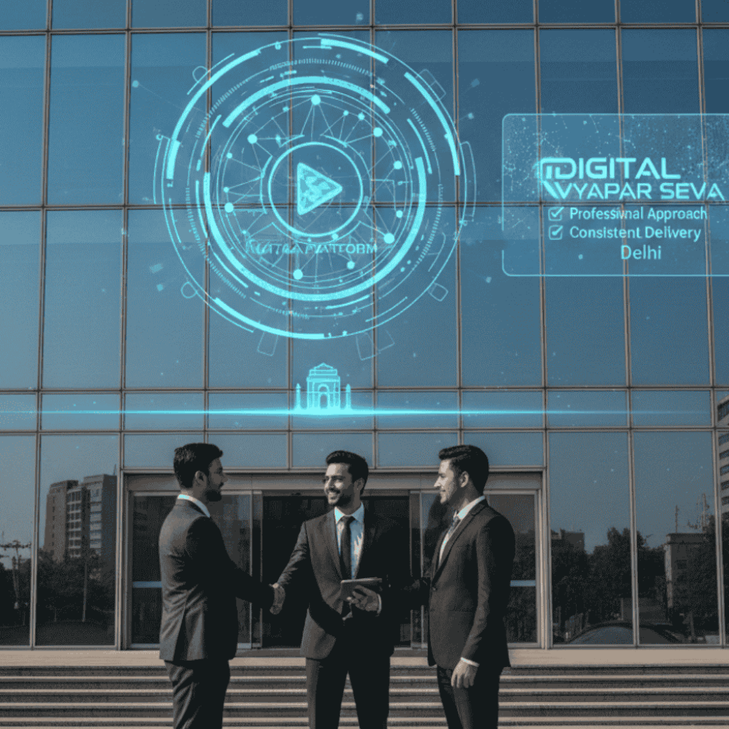 Professional software developers in Delhi discussing Matka platform development outside a modern corporate building, representing Digital Vyapar Seva’s reliable gaming solutions.