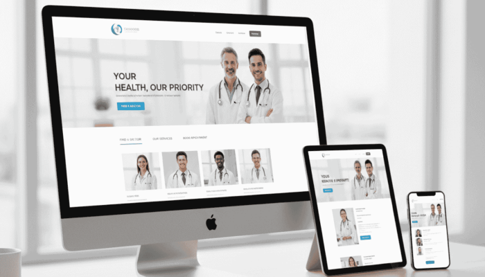 A desktop monitor, tablet, and smartphone on a wooden desk displaying a professional healthcare website with medical staff photos, patient services, and clear appointment booking options.