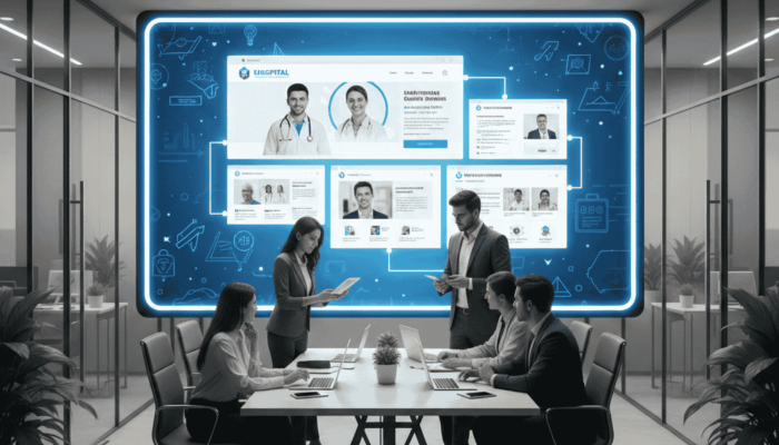 A professional team at Digital Vyapar Seva office designing modern healthcare websites for doctors and hospitals, featuring a large digital display showing medical website layouts and a "10,000+ Satisfied Clients" badge.