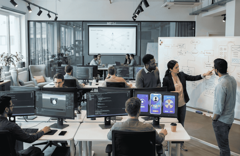 A diverse team of software and game developers at Digital Vyapar Seva collaborating in a modern office. One group is discussing complex system architecture and user flows on a whiteboard with flowcharts and wireframes, while others are coding and designing mobile game interfaces at multi-monitor workstations. This demonstrates their commitment to creating custom, scalable, and secure digital solutions, including Satta Matka platforms, through teamwork and technical expertise.