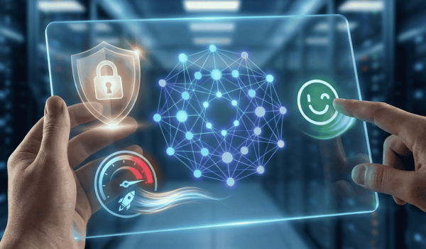 A pair of hands holds a transparent tablet displaying four holographic icons against a blurred server room background. From left to right, the icons are a glowing yellow padlock for security, a red and blue speedometer for performance, a blue interconnected network, and a green smiling face which one finger is touching, representing ease of use.